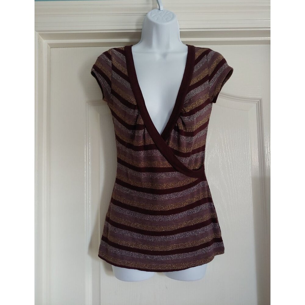 Max Rave Vintage Y2k Faux Wrap Metallic Stripe Sleeveless Top Med